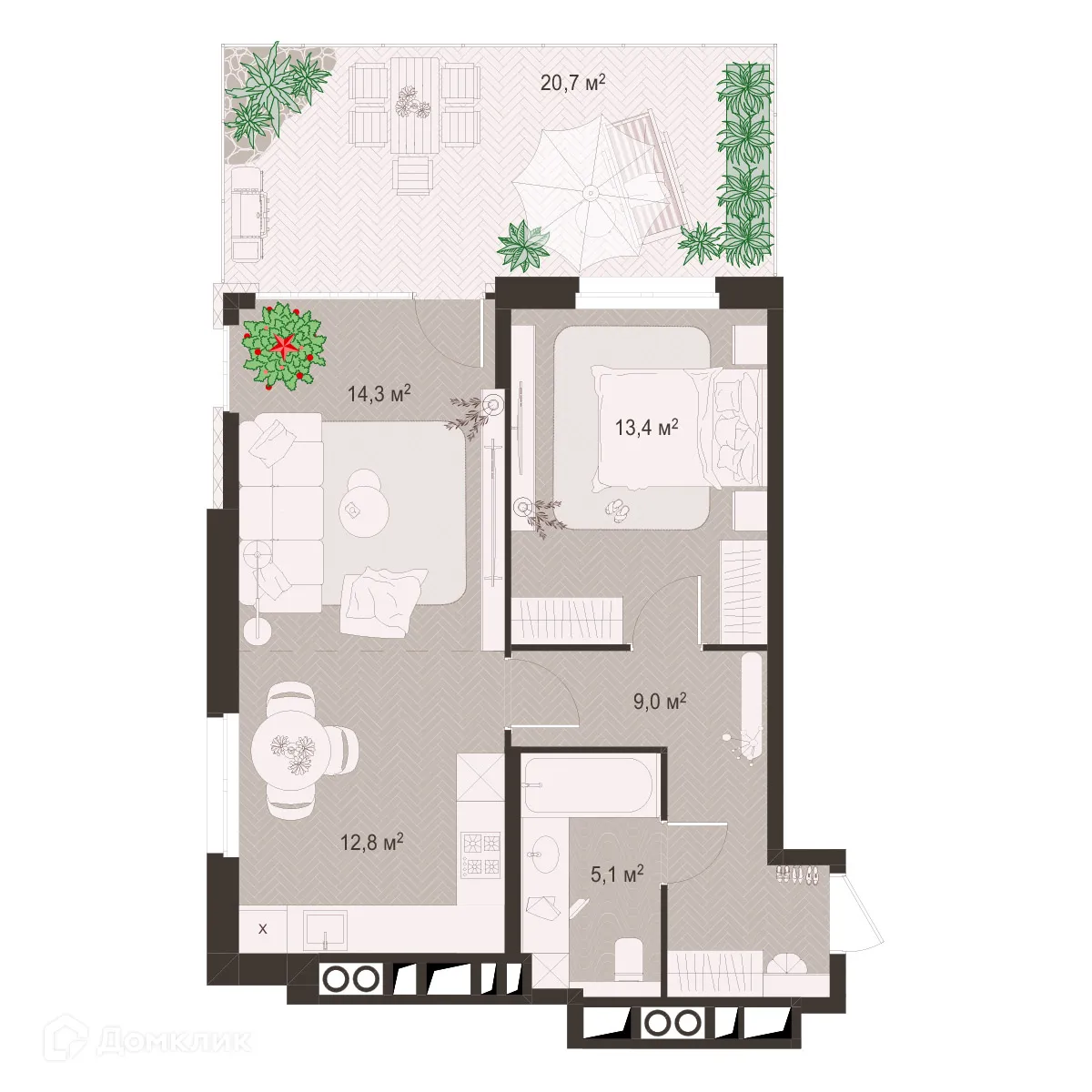 Планировка 2-комнатной квартиры 75.2 м² в ЖК Окская стрелка, г. Рязань — фото 1
