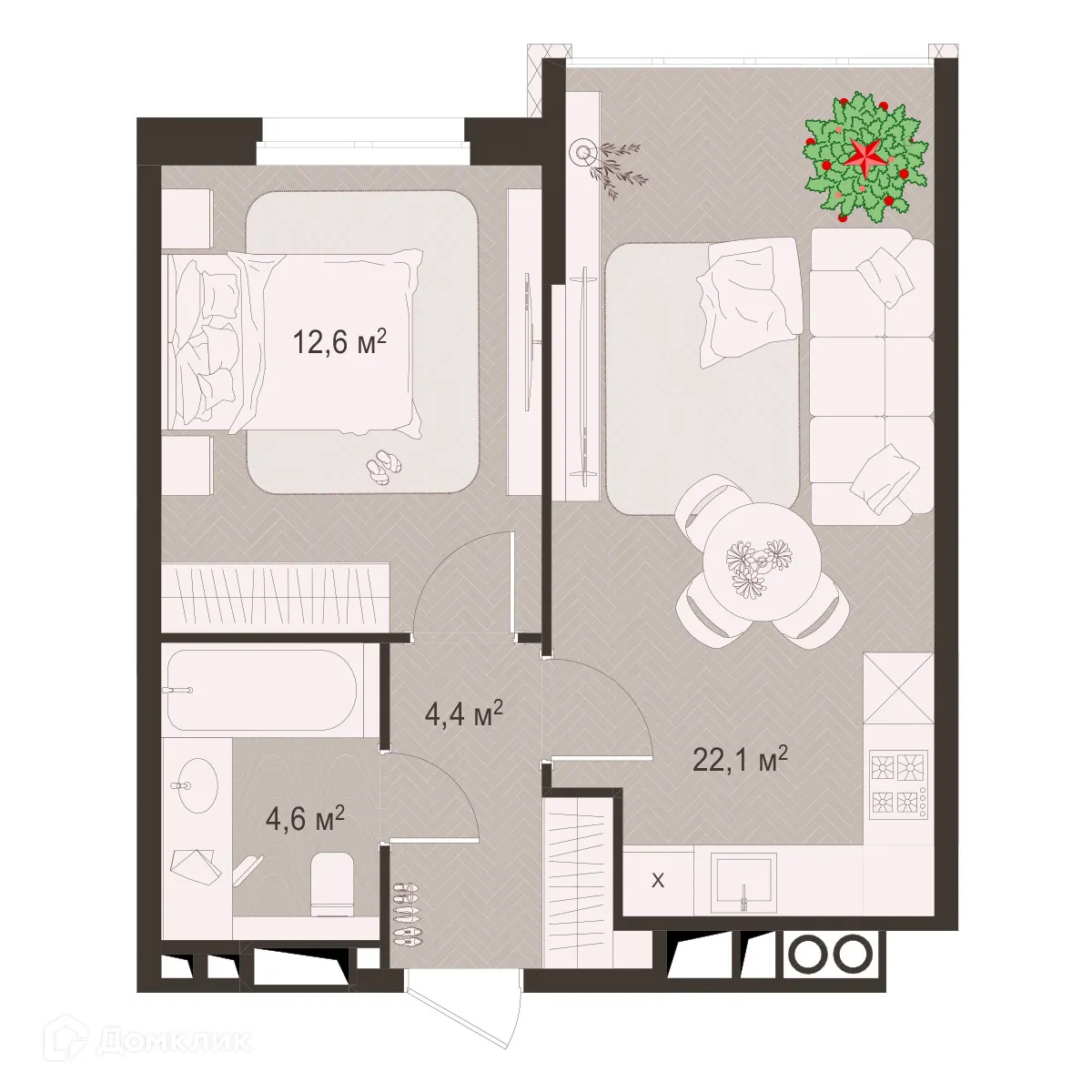 Планировка 1-комнатной квартиры 43.7 м² в ЖК Окская стрелка, г. Рязань — фото 1