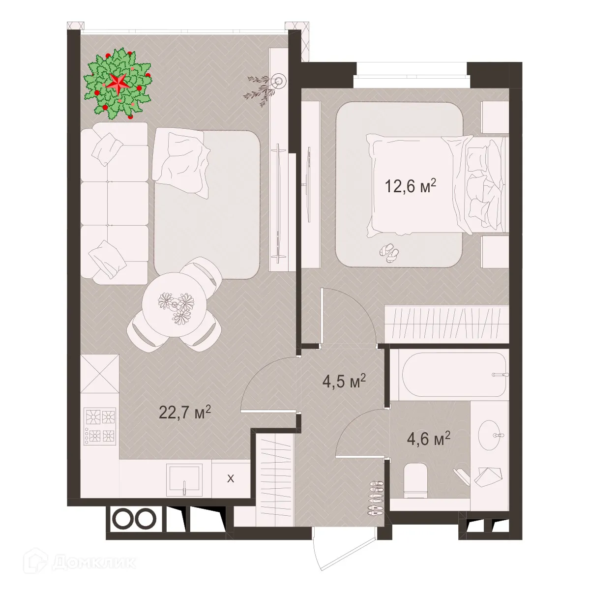 Планировка 1-комнатной квартиры 44.4 м² в ЖК Окская стрелка, г. Рязань — фото 1