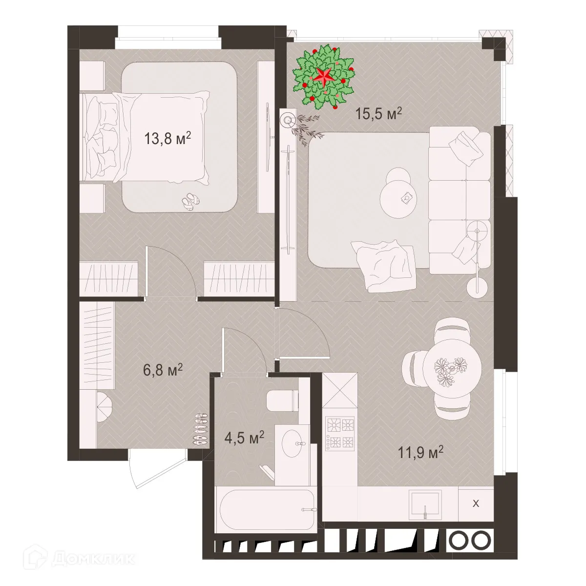 Планировка 2-комнатной квартиры 52.5 м² в ЖК Окская стрелка, г. Рязань — фото 1