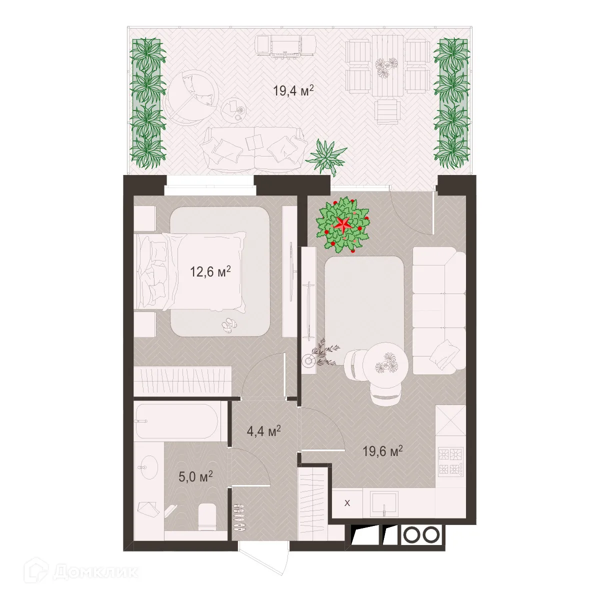 Планировка 1-комнатной квартиры 61.6 м² в ЖК Окская стрелка, г. Рязань — фото 1