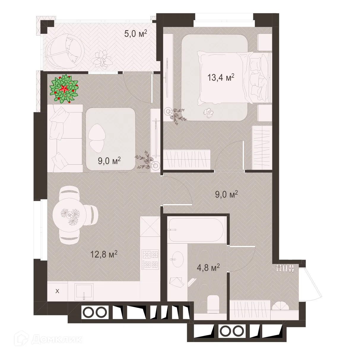 Планировка 2-комнатной квартиры 54.2 м² в ЖК Окская стрелка, г. Рязань — фото 1