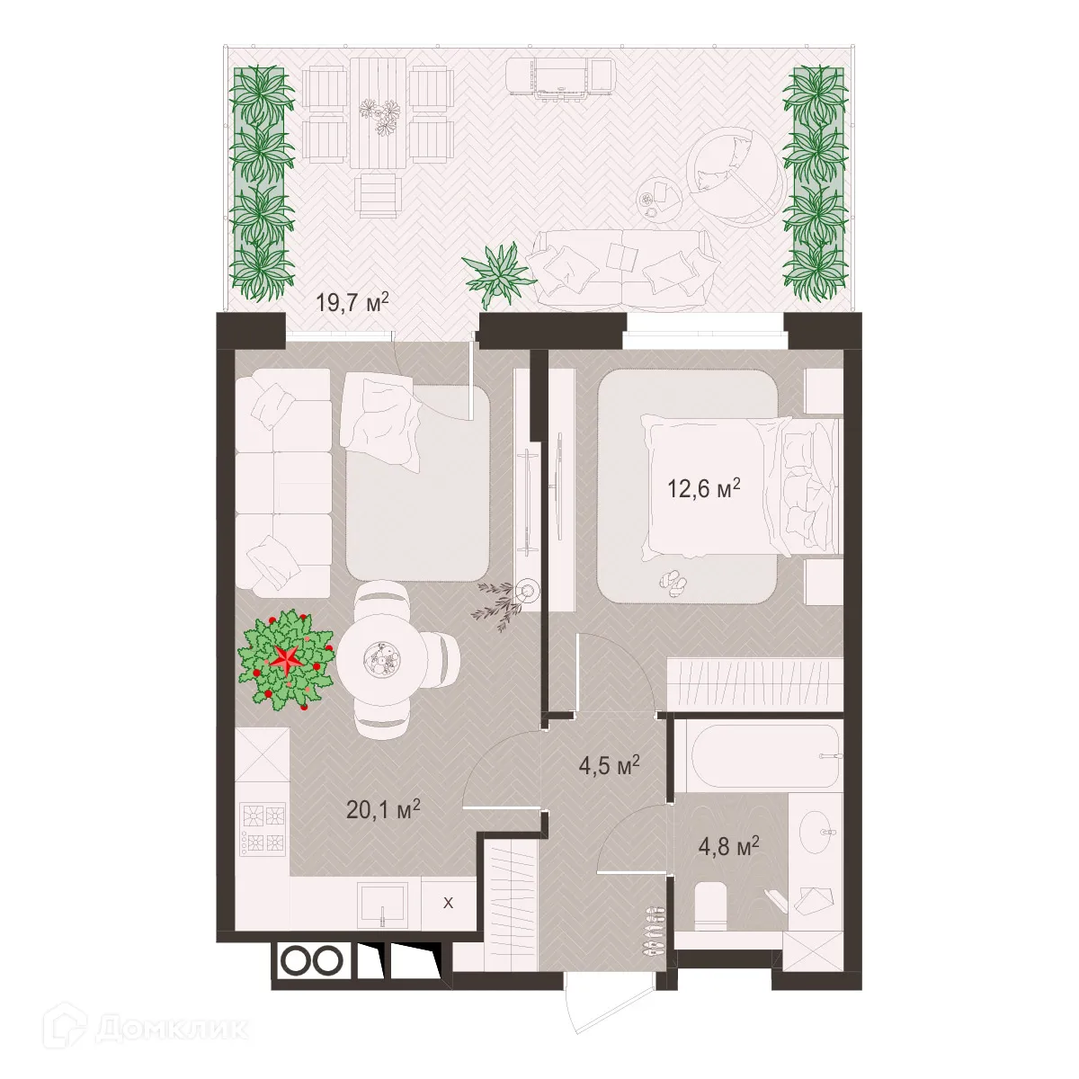 Планировка 1-комнатной квартиры 62.3 м² в ЖК Окская стрелка, г. Рязань — фото 1