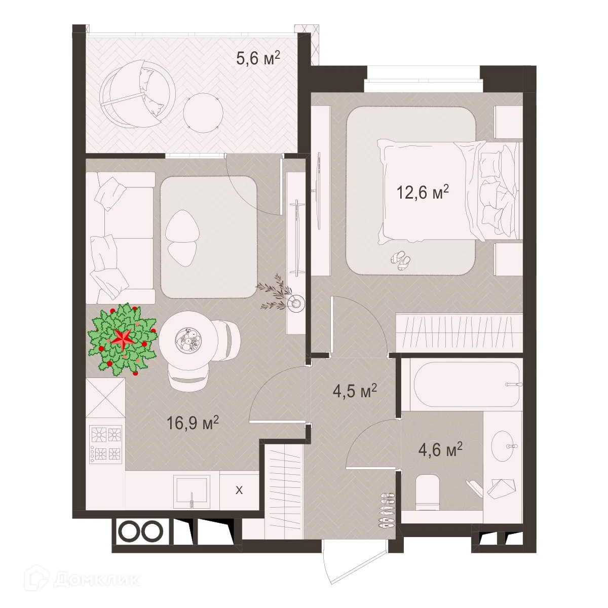 Планировка 1-комнатной квартиры 44.2 м² в ЖК Окская стрелка, г. Рязань — фото 1