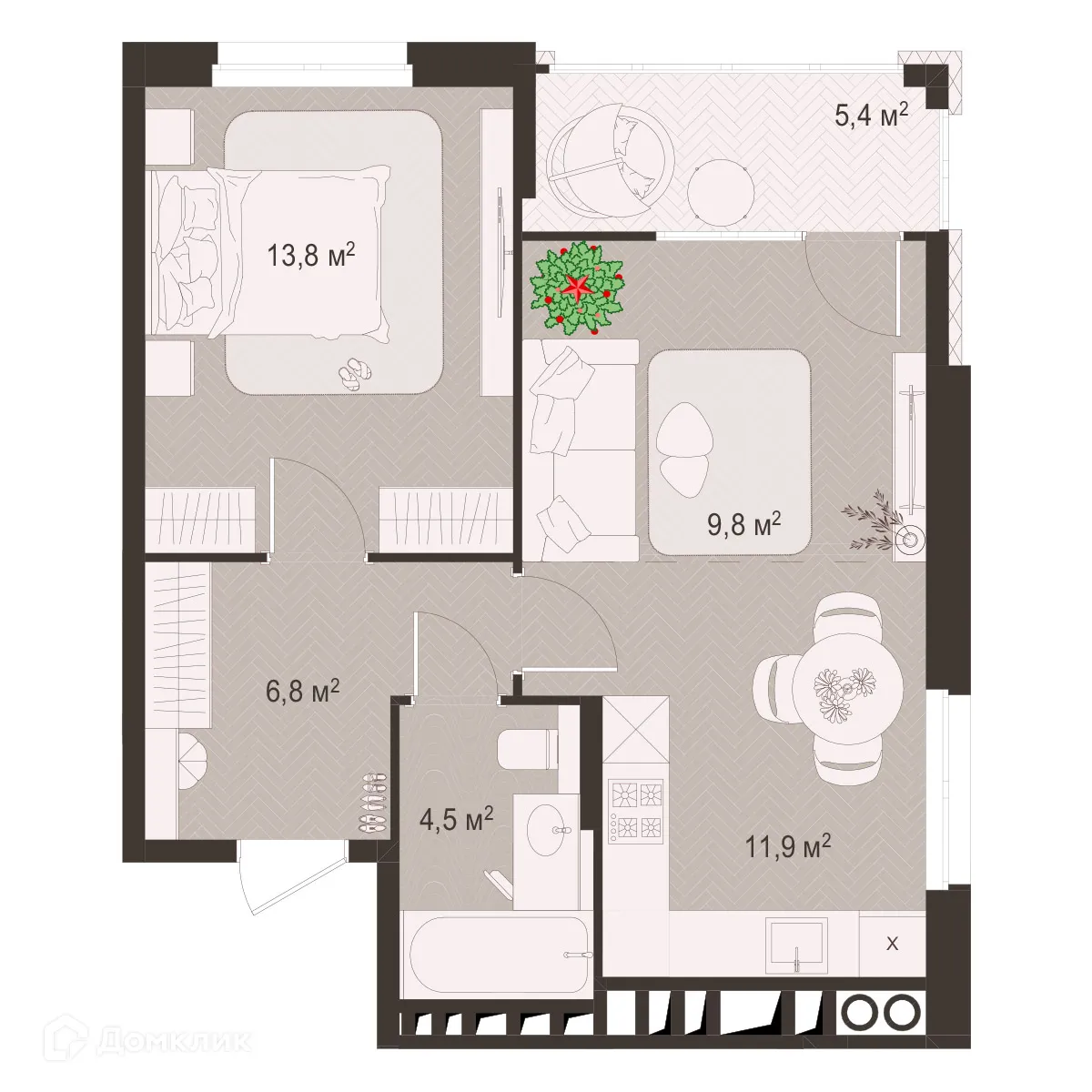 Планировка 2-комнатной квартиры 52.2 м² в ЖК Окская стрелка, г. Рязань — фото 1