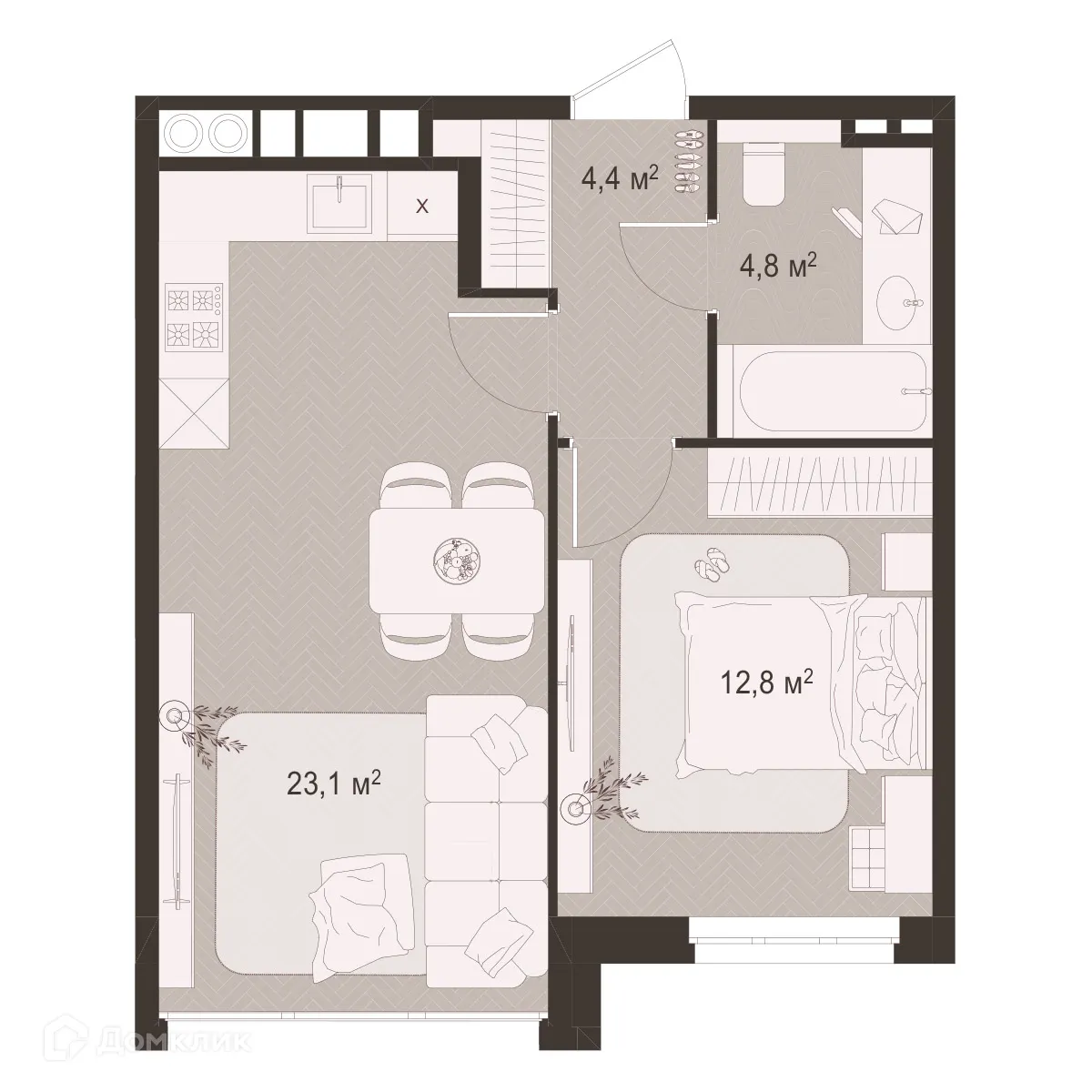 Планировка 1-комнатной квартиры 45.1 м² в ЖК Окская стрелка, г. Рязань — фото 1