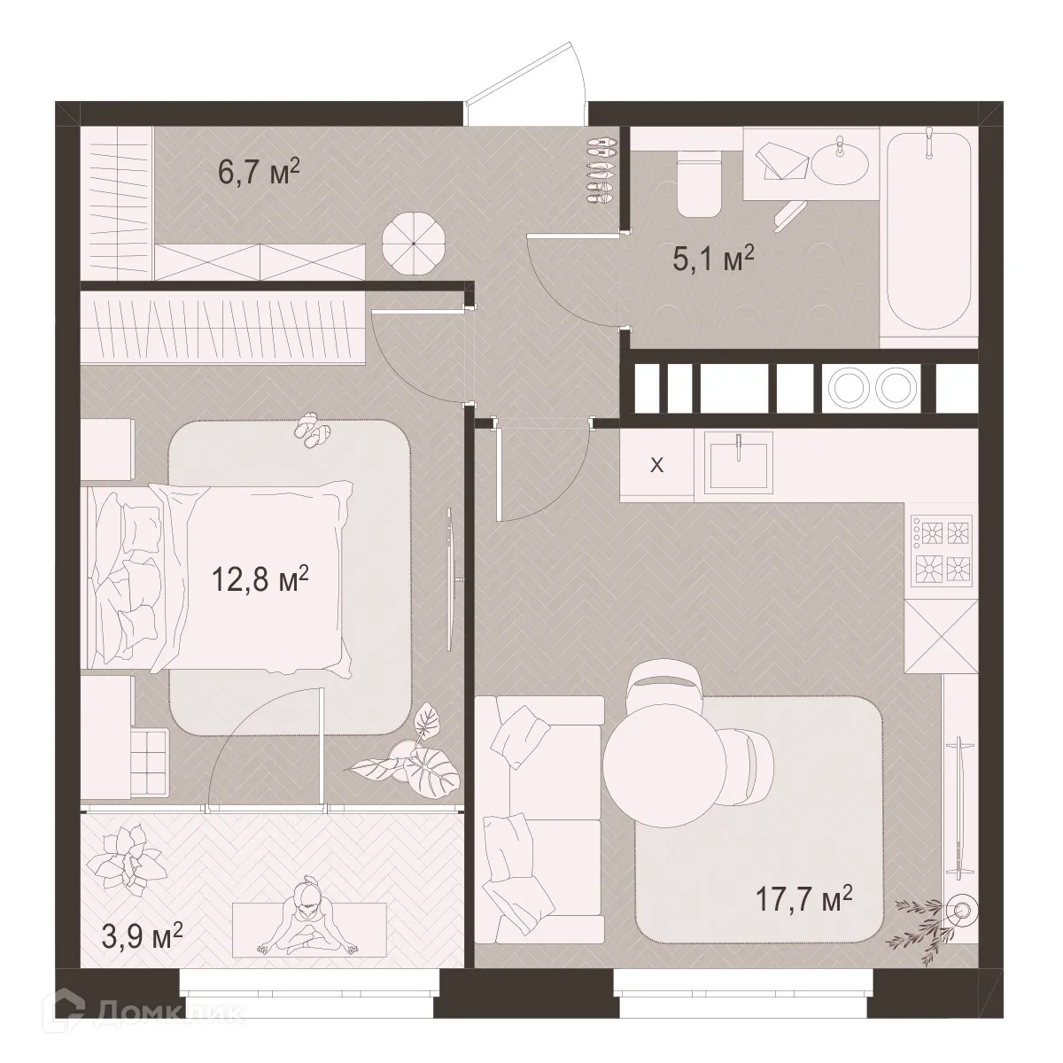 Планировка 1-комнатной квартиры 46.2 м² в ЖК Окская стрелка, г. Рязань — фото 1