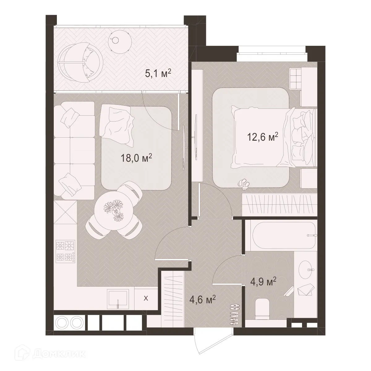 Планировка 1-комнатной квартиры 45.2 м² в ЖК Окская стрелка, г. Рязань — фото 1
