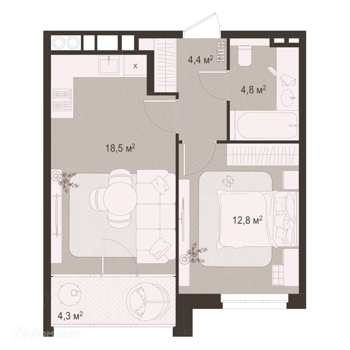 Планировка 1-комнатной квартиры 44.8 м² в ЖК Окская стрелка, г. Рязань — фото 1