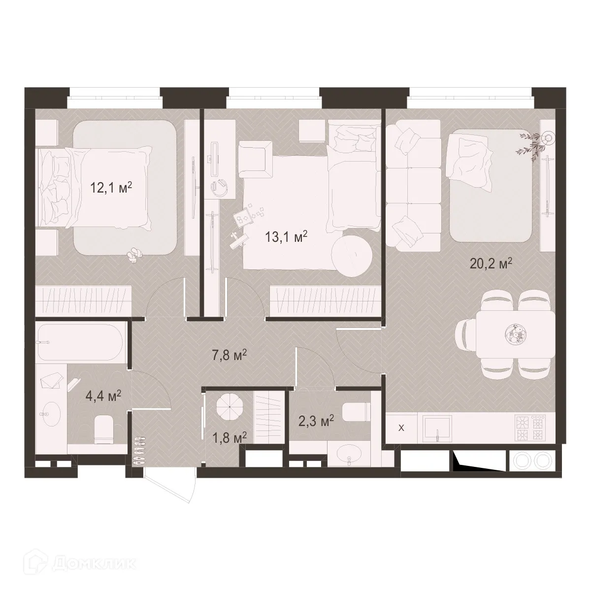 Планировка 2-комнатной квартиры 62.1 м² в ЖК Окская стрелка, г. Рязань — фото 1
