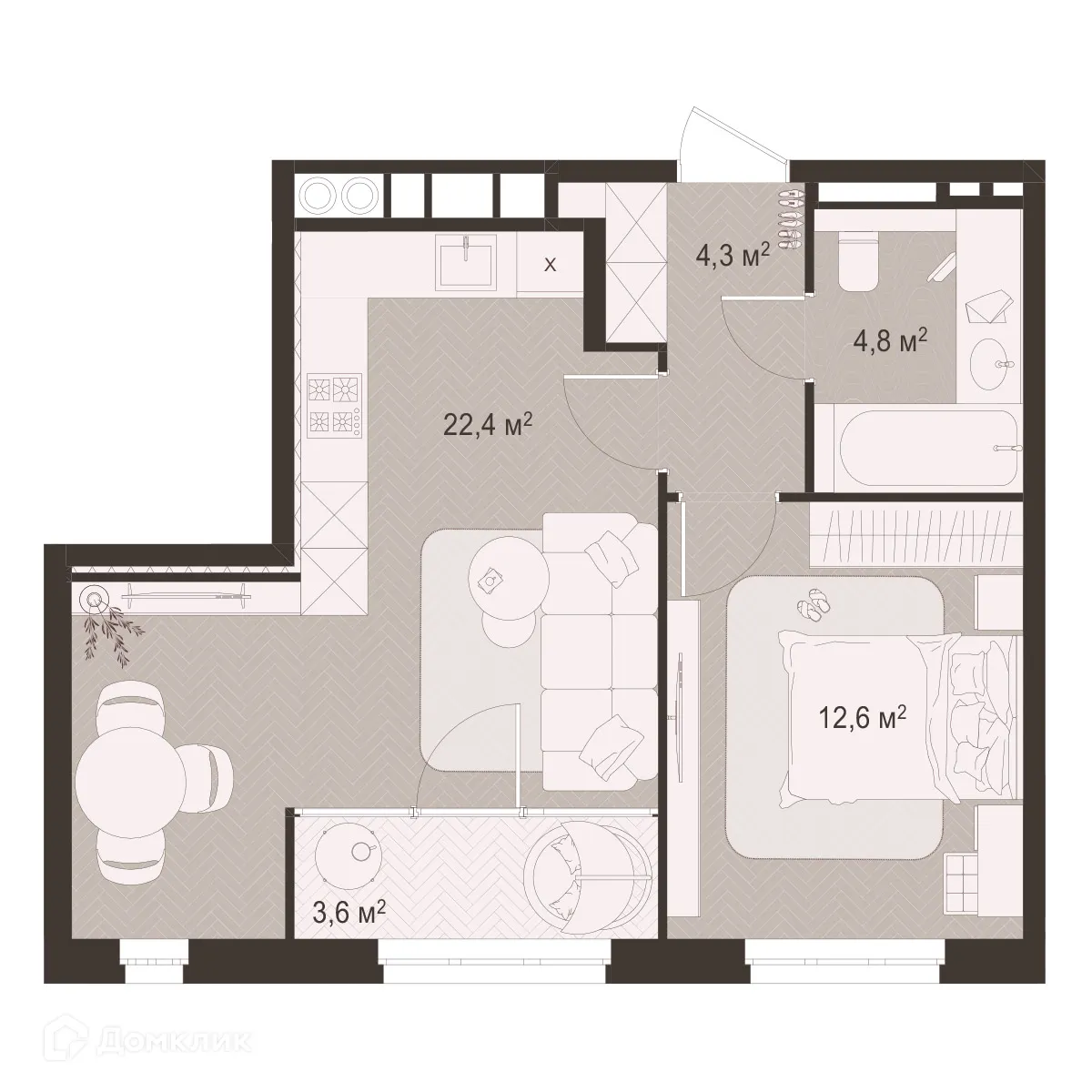 Планировка 1-комнатной квартиры 47.7 м² в ЖК Окская стрелка, г. Рязань — фото 1