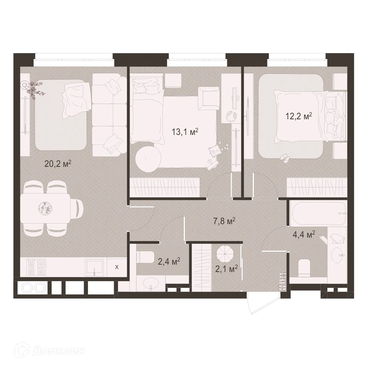 Планировка 2-комнатной квартиры 62.2 м² в ЖК Окская стрелка, г. Рязань — фото 1