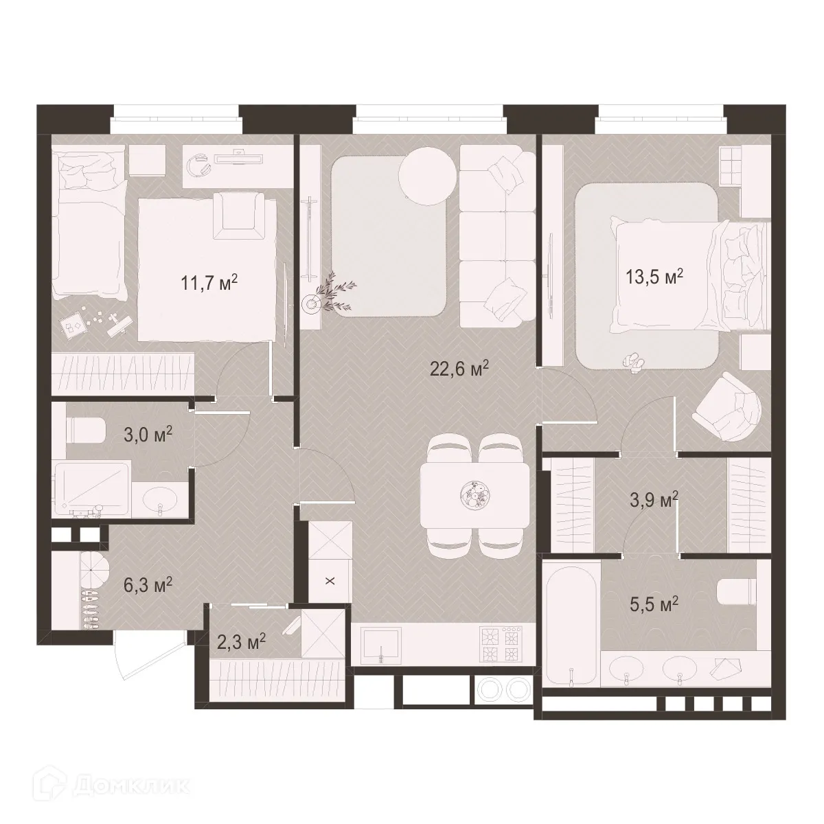 Планировка 2-комнатной квартиры 68.8 м² в ЖК Окская стрелка, г. Рязань — фото 1