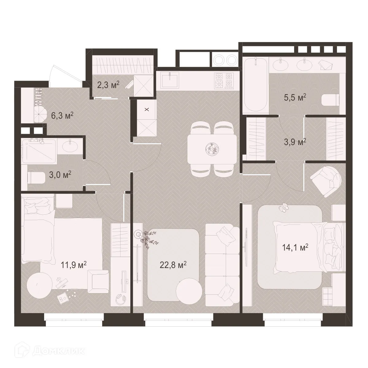 Планировка 2-комнатной квартиры 69.8 м² в ЖК Окская стрелка, г. Рязань — фото 1