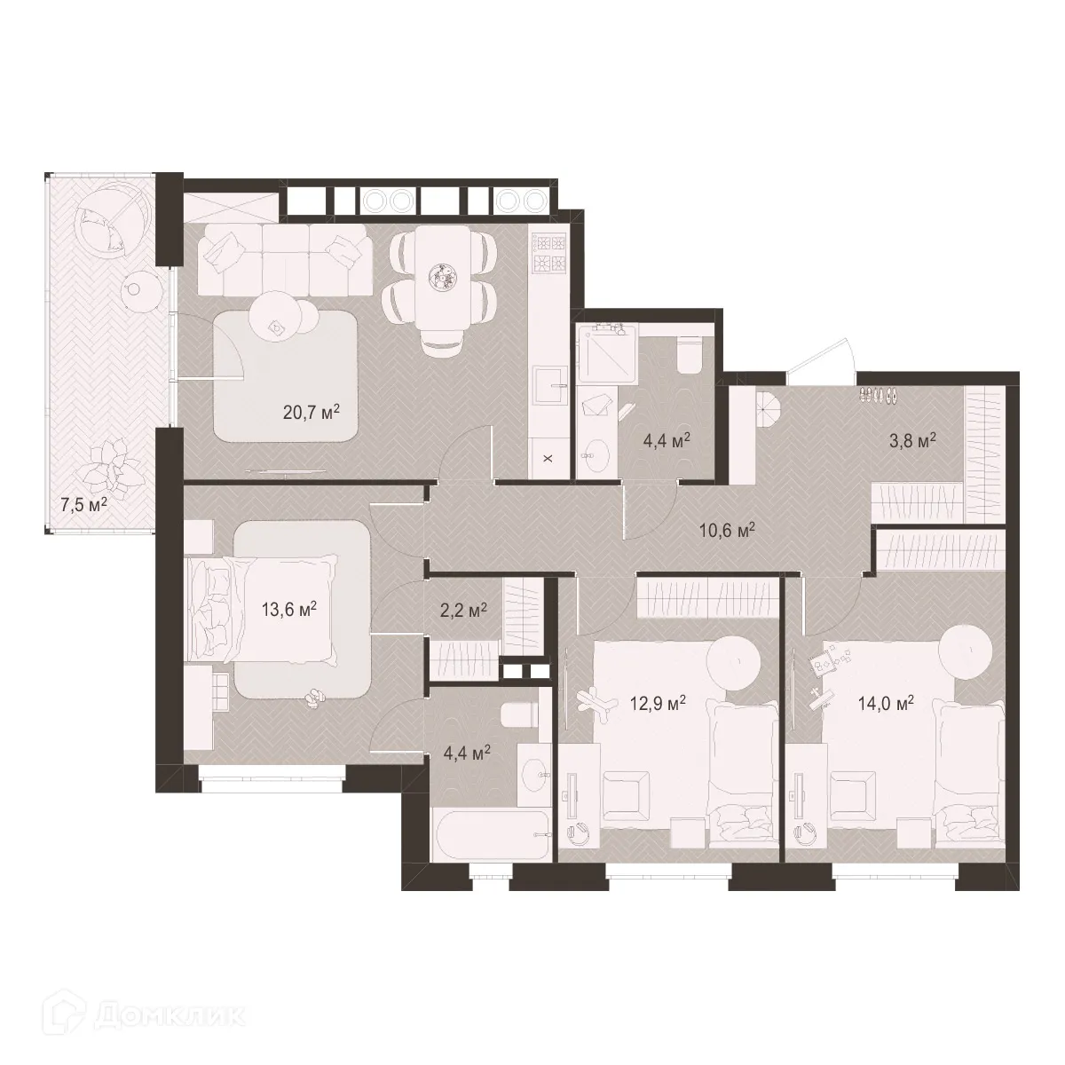 Планировка 3-комнатной квартиры 94.1 м² в ЖК Окская стрелка, г. Рязань — фото 1