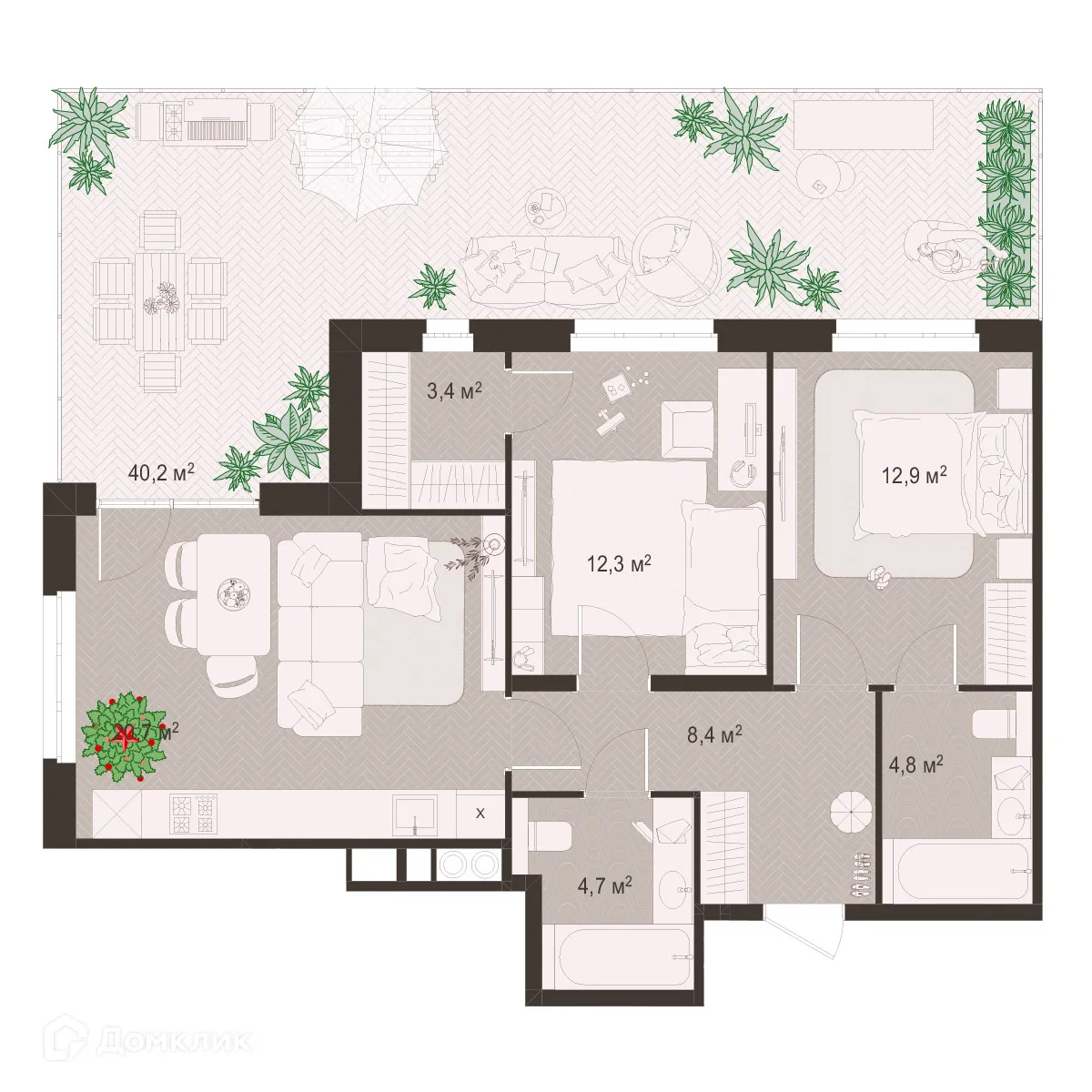 Планировка 2-комнатной квартиры 107.4 м² в ЖК Окская стрелка, г. Рязань — фото 1