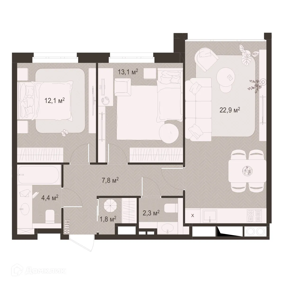 Планировка 2-комнатной квартиры 64.8 м² в ЖК Окская стрелка, г. Рязань — фото 1
