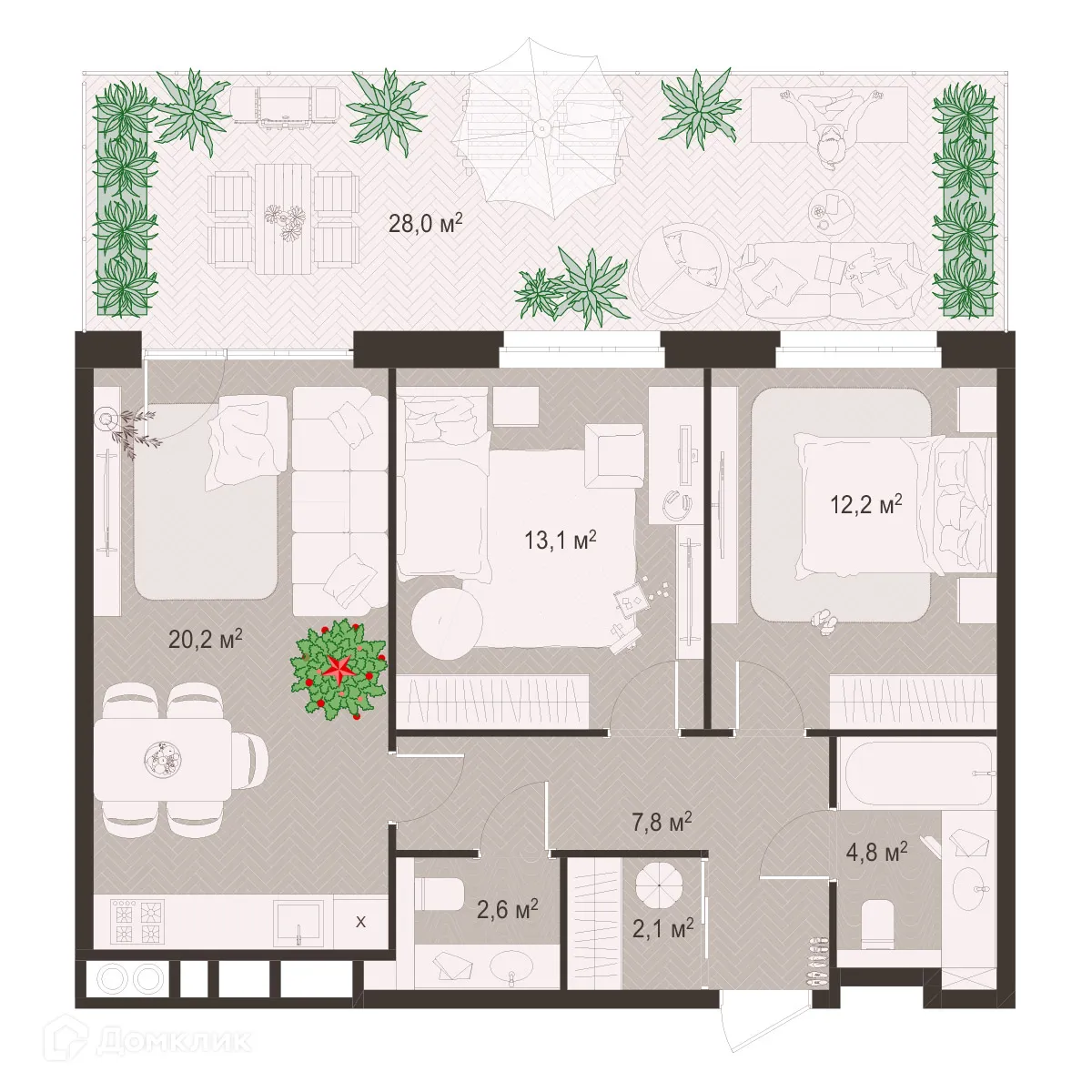 Планировка 2-комнатной квартиры 90.8 м² в ЖК Окская стрелка, г. Рязань — фото 1