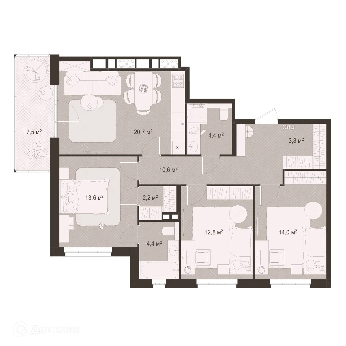Планировка 3-комнатной квартиры 94 м² в ЖК Окская стрелка, г. Рязань — фото 1