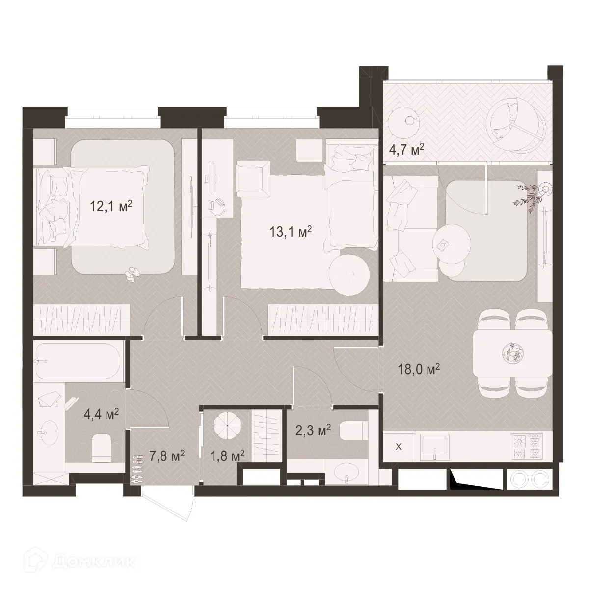 Планировка 2-комнатной квартиры 64.2 м² в ЖК Окская стрелка, г. Рязань — фото 1