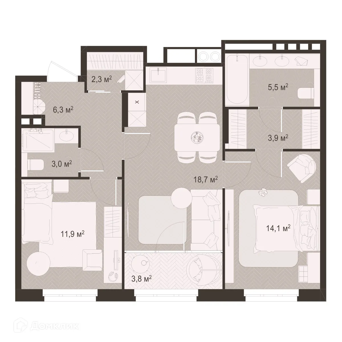 Планировка 2-комнатной квартиры 69.5 м² в ЖК Окская стрелка, г. Рязань — фото 1