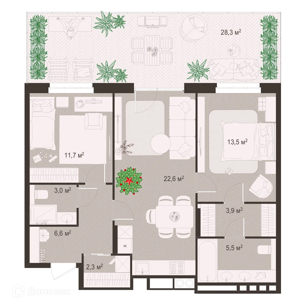 Планировка 2-комнатной квартиры 97.4 м² в ЖК Окская стрелка, г. Рязань — фото 1