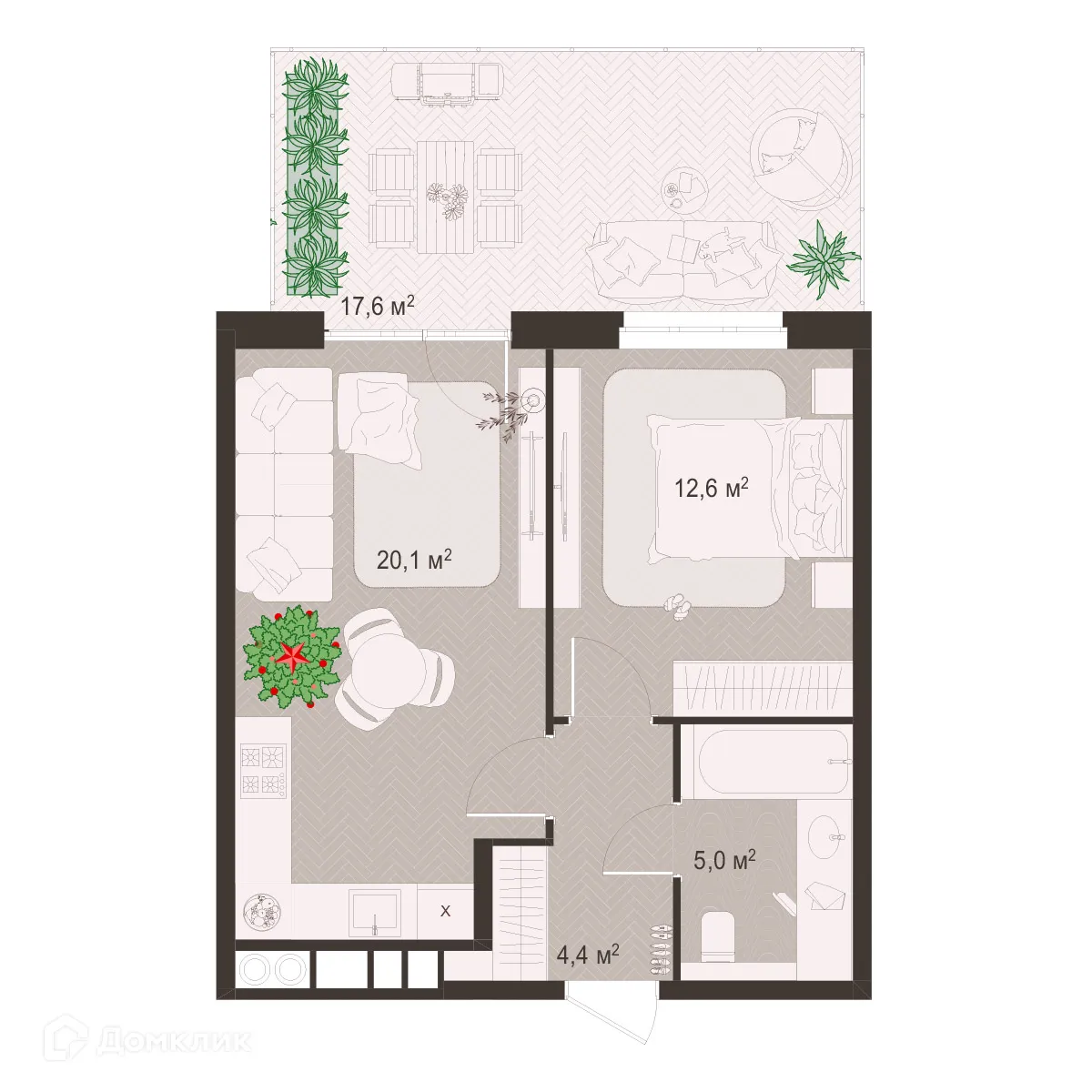 Планировка 1-комнатной квартиры 59.7 м² в ЖК Окская стрелка, г. Рязань — фото 1