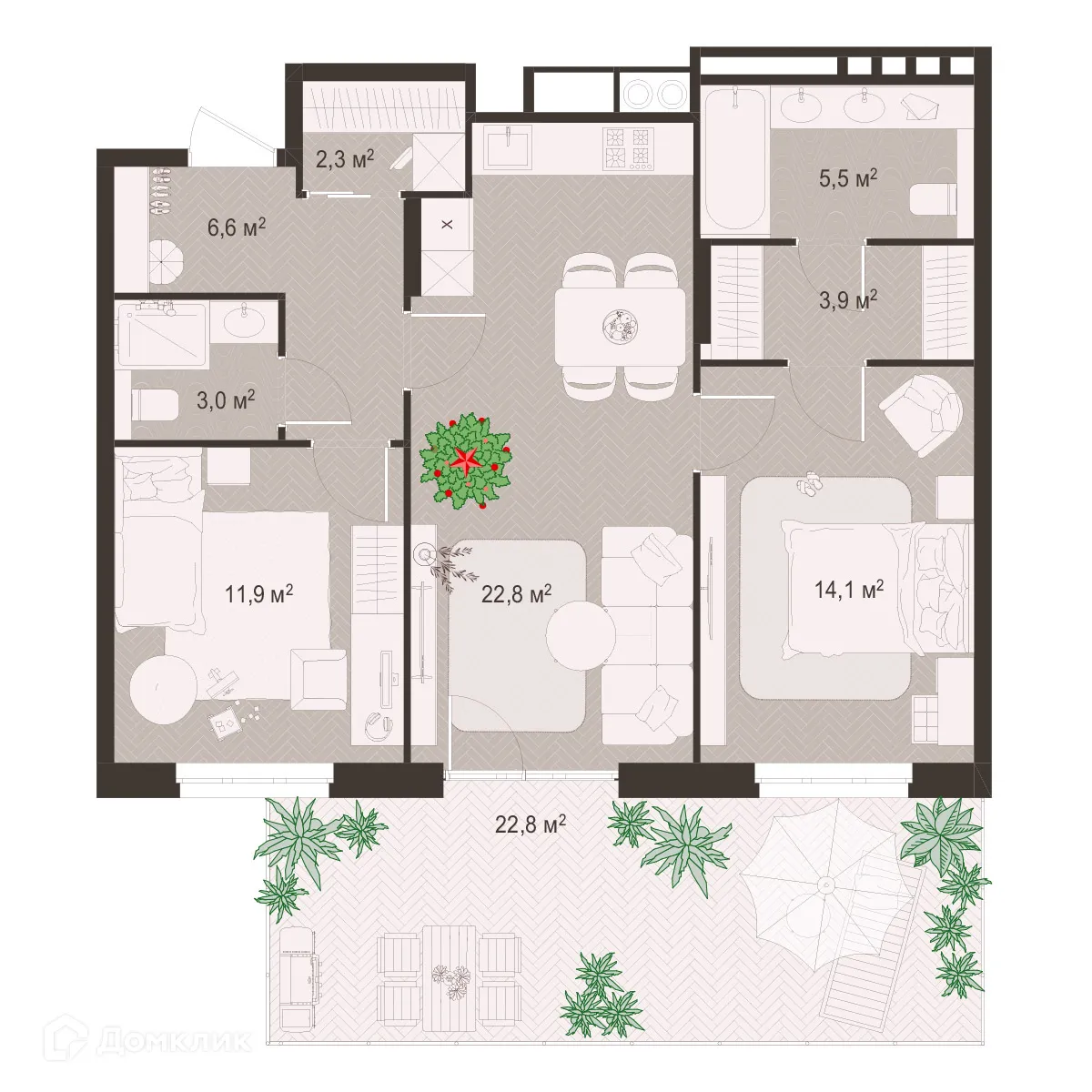 Планировка 2-комнатной квартиры 92.9 м² в ЖК Окская стрелка, г. Рязань — фото 1