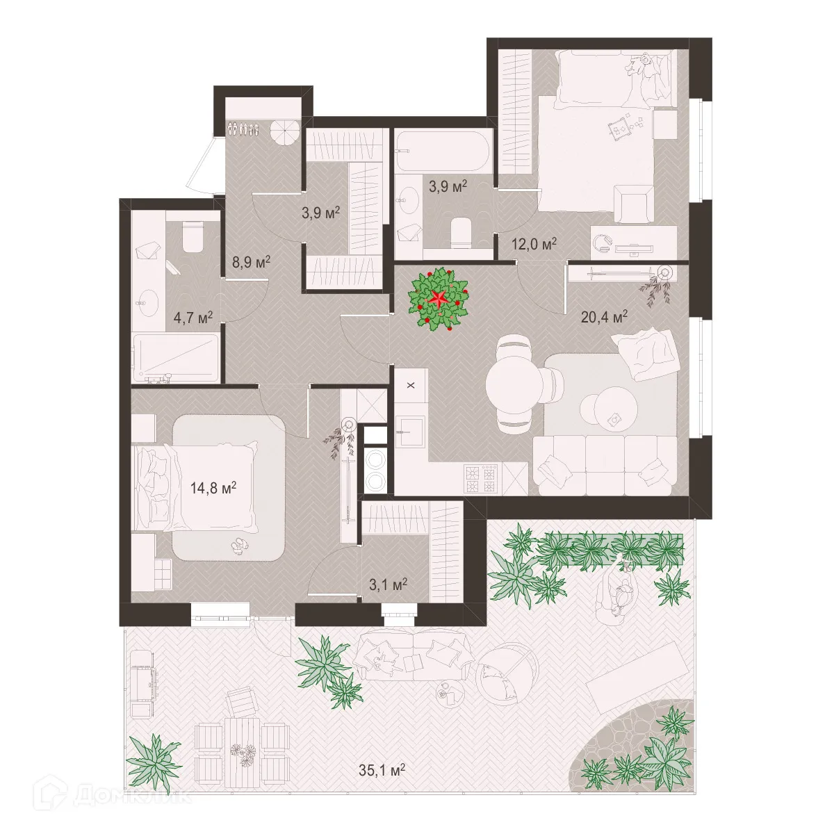 Планировка 2-комнатной квартиры 108.6 м² в ЖК Окская стрелка, г. Рязань — фото 1
