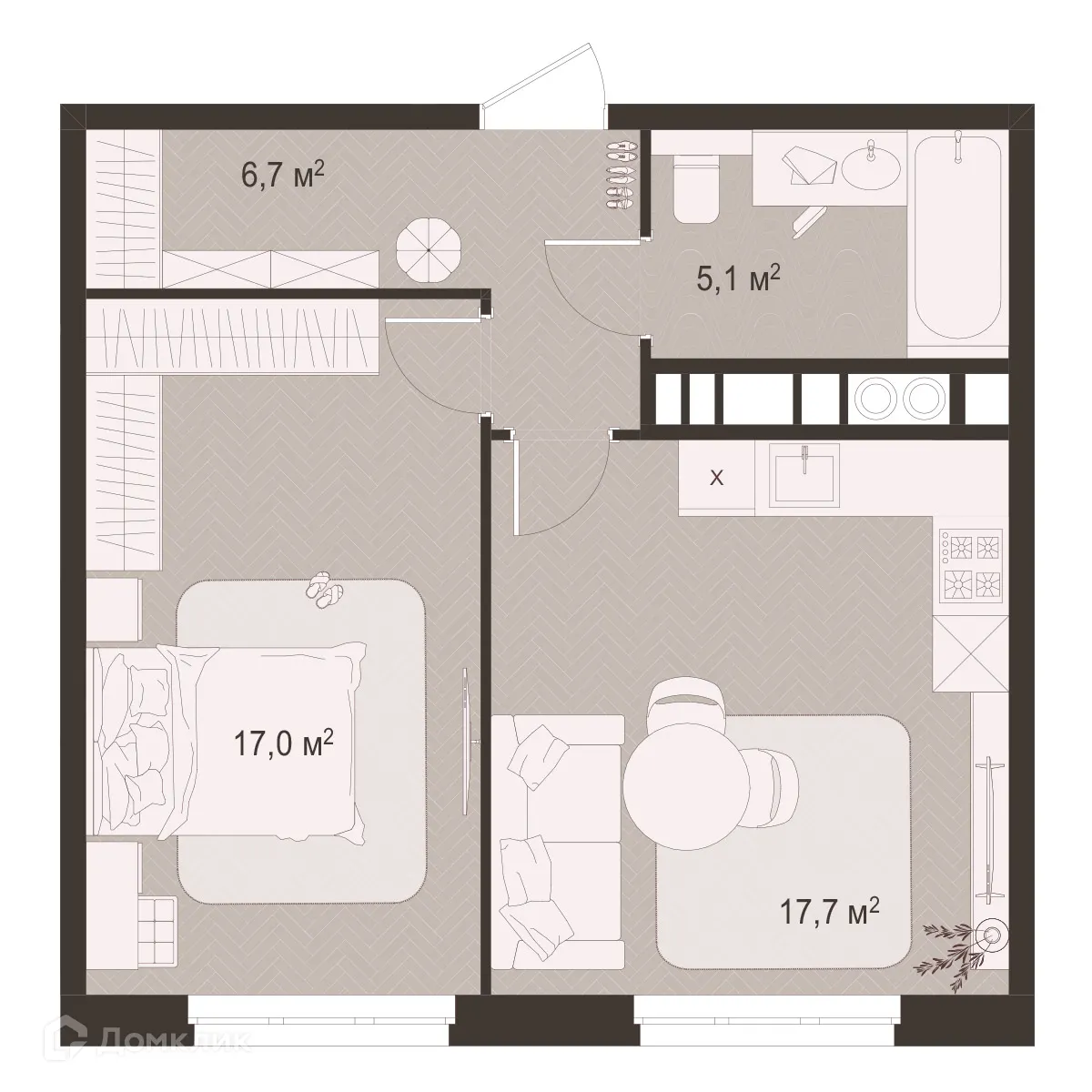 Планировка 1-комнатной квартиры 46.5 м² в ЖК Окская стрелка, г. Рязань — фото 1