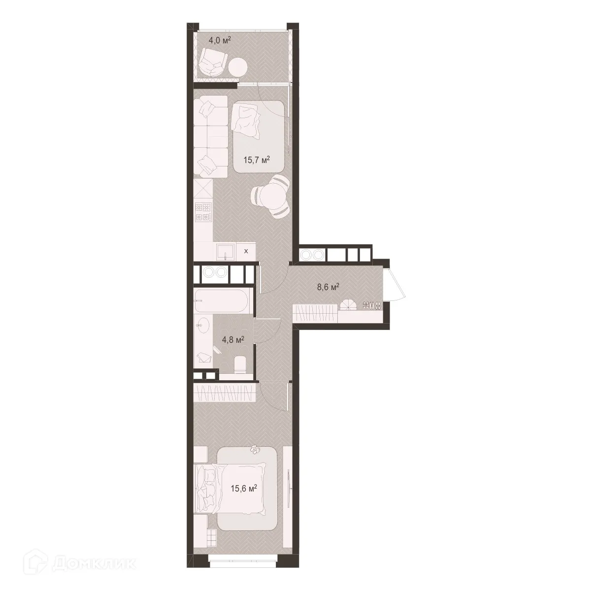Планировка 1-комнатной квартиры 48.7 м² в ЖК Окская стрелка, г. Рязань — фото 1