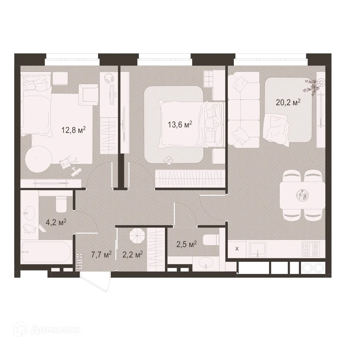 Планировка 2-комнатной квартиры 63.2 м² в ЖК Окская стрелка, г. Рязань — фото 1