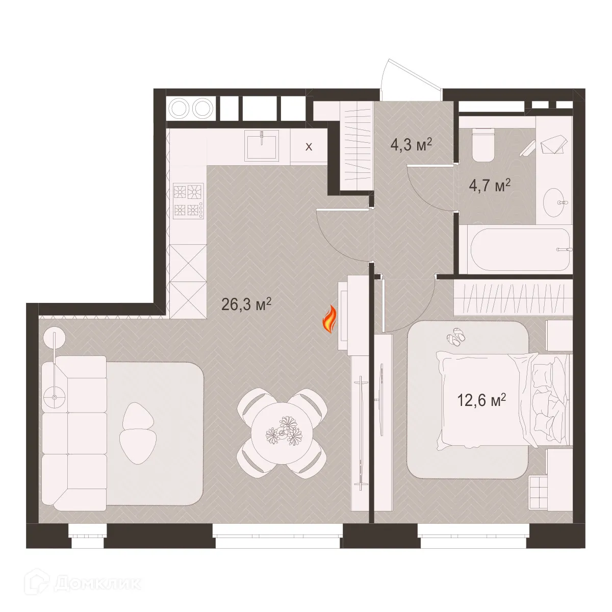 Планировка 1-комнатной квартиры 48 м² в ЖК Окская стрелка, г. Рязань — фото 1