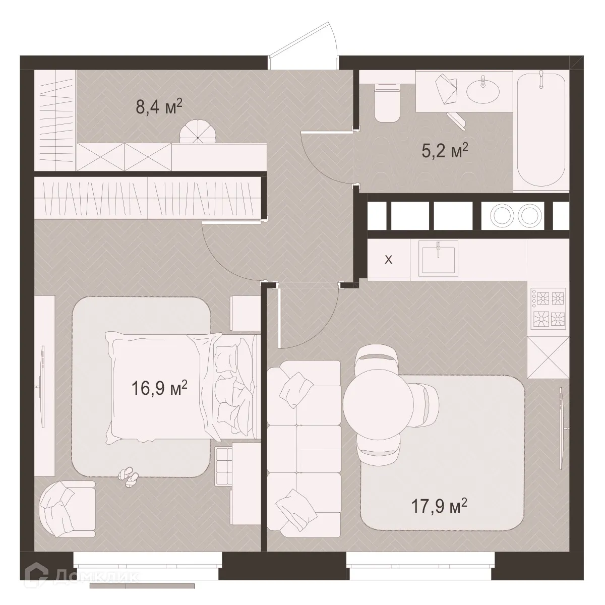 Планировка 1-комнатной квартиры 48.4 м² в ЖК Окская стрелка, г. Рязань — фото 1