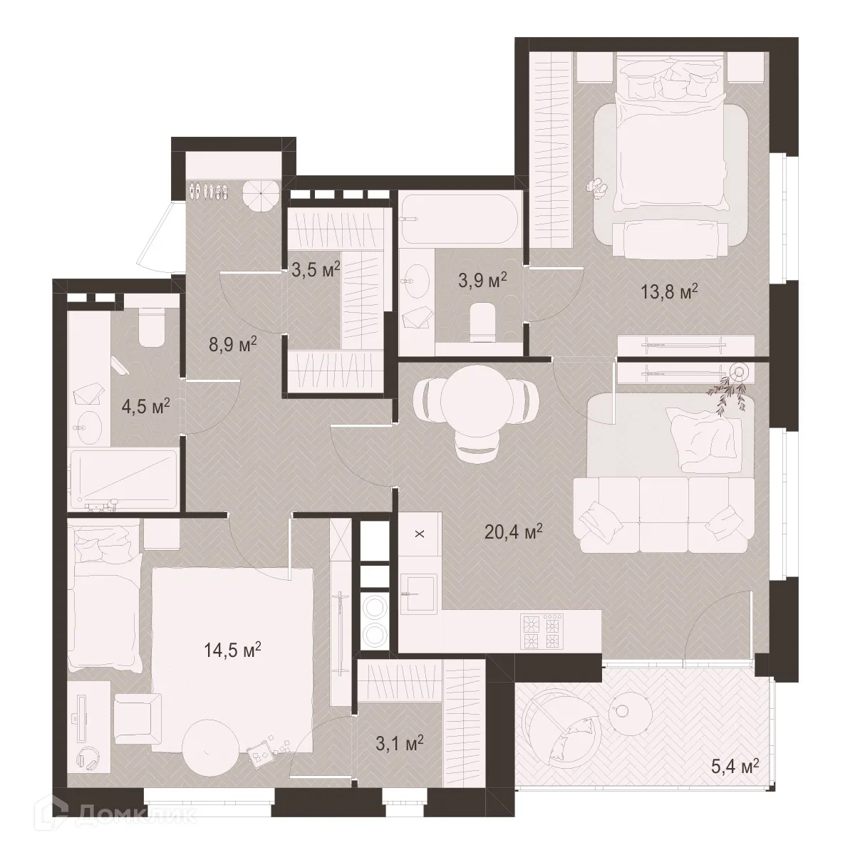 Планировка 2-комнатной квартиры 78 м² в ЖК Окская стрелка, г. Рязань — фото 1