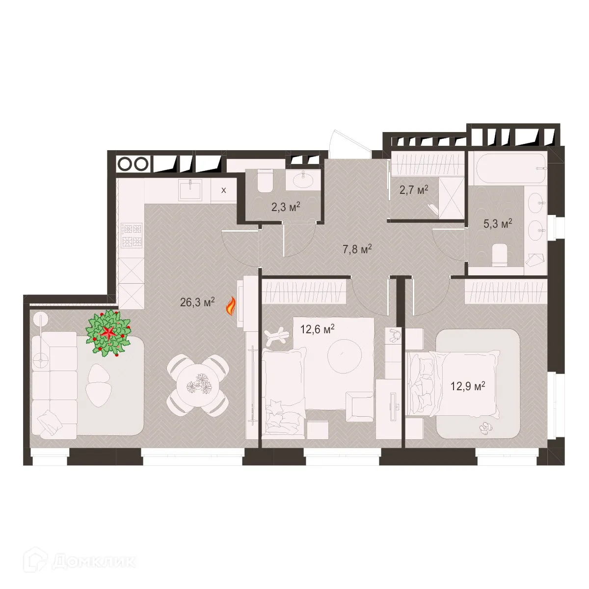 Планировка 2-комнатной квартиры 70.2 м² в ЖК Окская стрелка, г. Рязань — фото 1