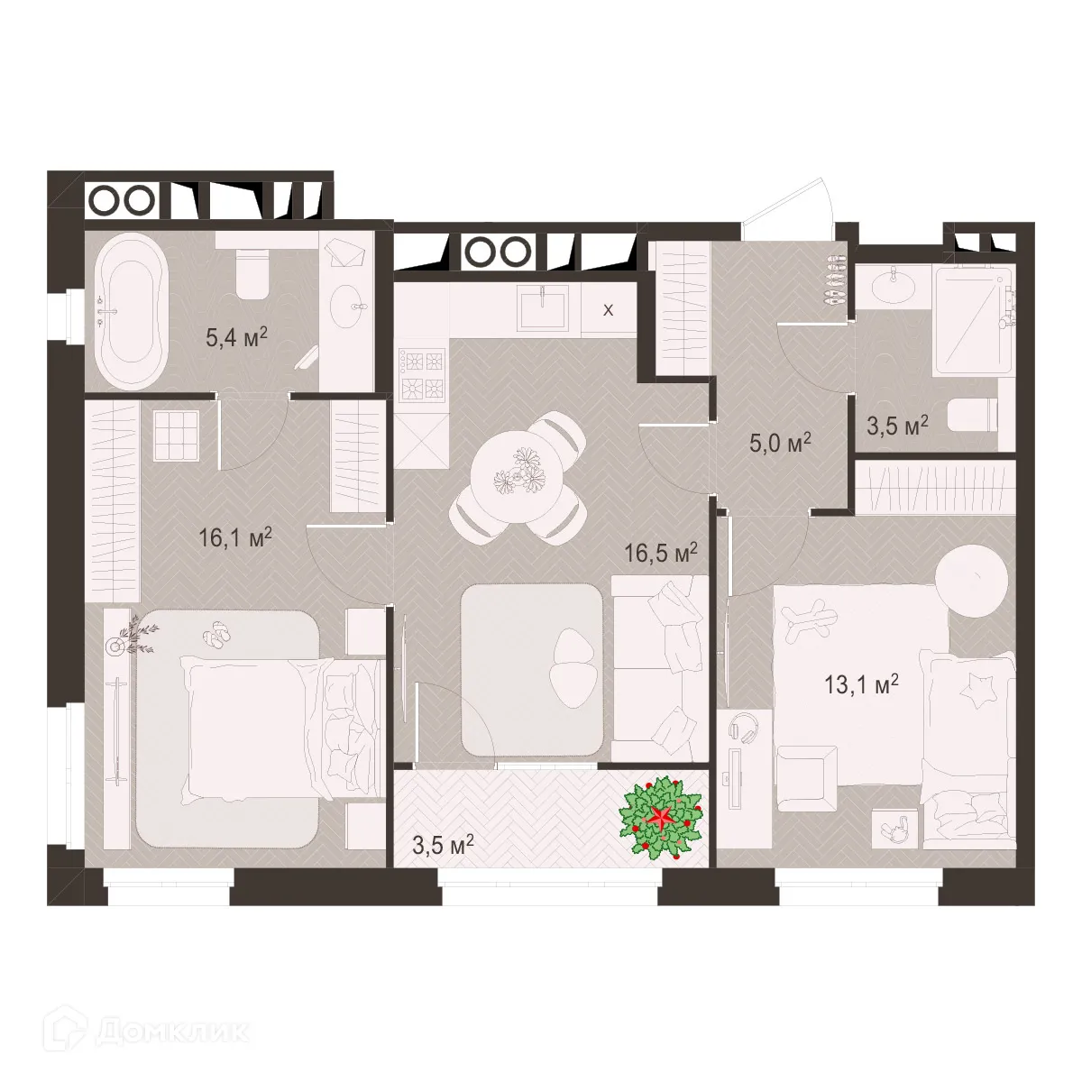 Планировка 2-комнатной квартиры 63 м² в ЖК Окская стрелка, г. Рязань — фото 1