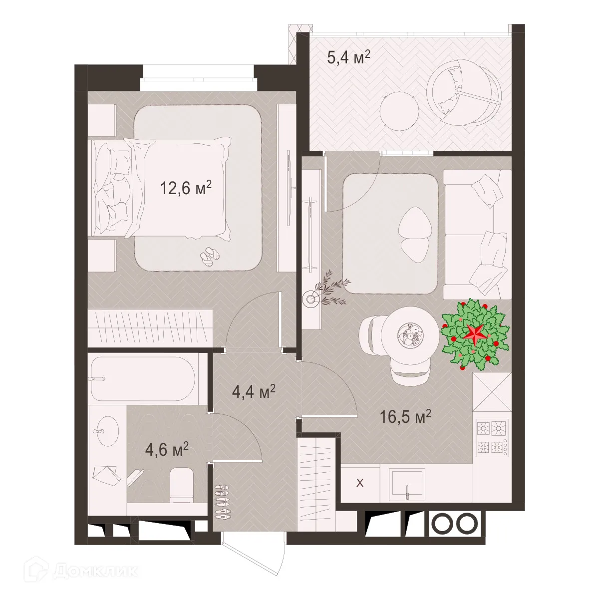Планировка 1-комнатной квартиры 43.5 м² в ЖК Окская стрелка, г. Рязань — фото 1