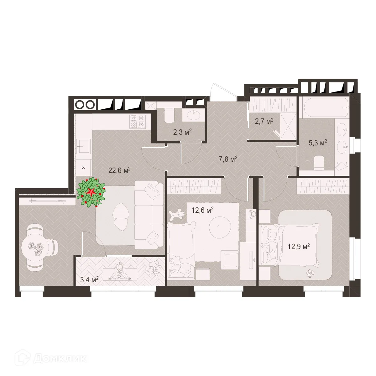 Планировка 2-комнатной квартиры 69.8 м² в ЖК Окская стрелка, г. Рязань — фото 1