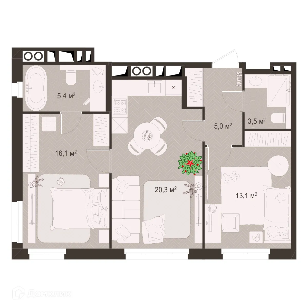 Планировка 2-комнатной квартиры 63.2 м² в ЖК Окская стрелка, г. Рязань — фото 1