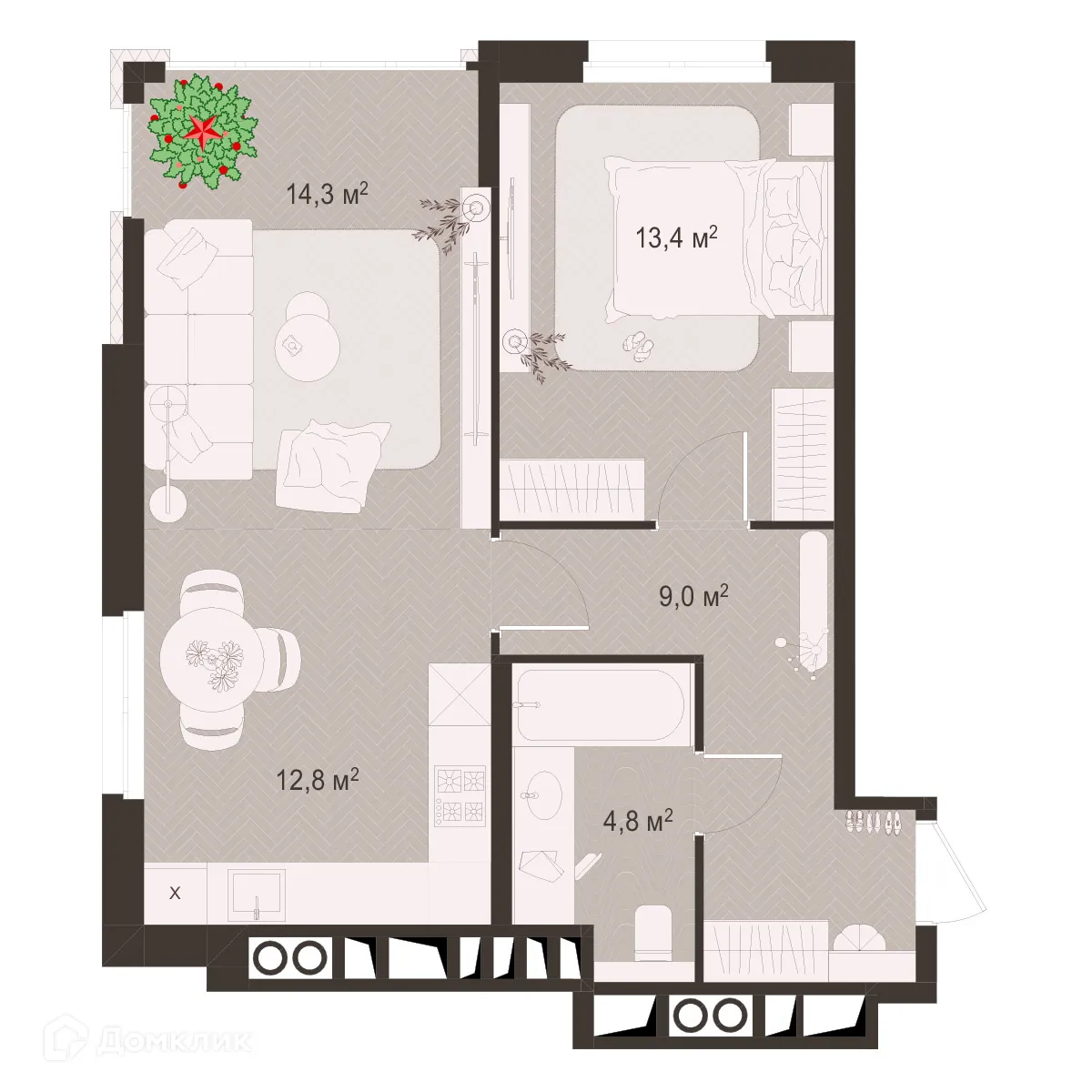 Планировка 2-комнатной квартиры 54.3 м² в ЖК Окская стрелка, г. Рязань — фото 1
