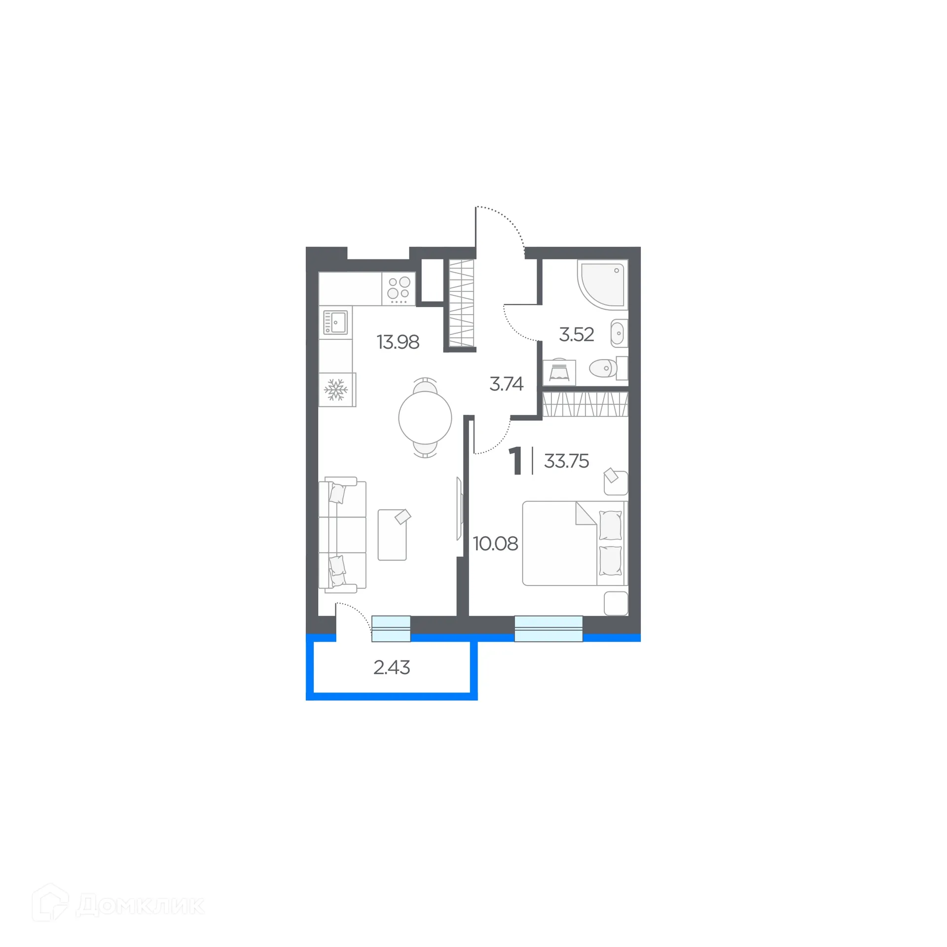 Планировка 1-комнатной квартиры 33.75 м² в ЖК Окские просторы, г. Рязань — фото 1