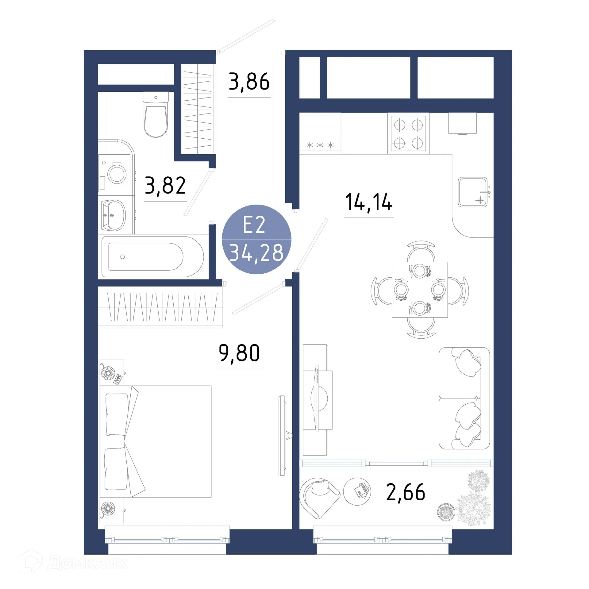 Планировка 1-комнатной квартиры 34.28 м² в ЖК Бульвар оптимистов, г. Дядьково — фото 4