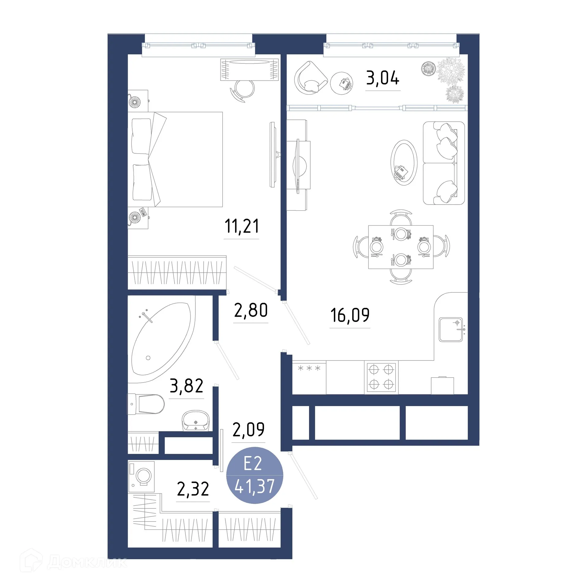 Планировка 1-комнатной квартиры 41.37 м² в ЖК Бульвар оптимистов, г. Дядьково — фото 1
