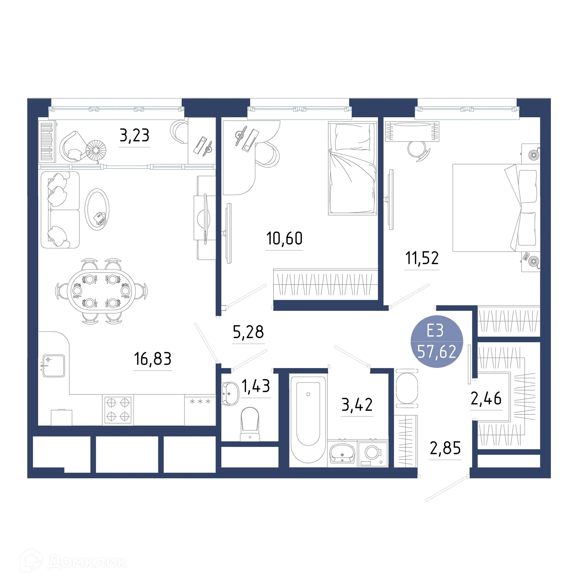 Планировка 2-комнатной квартиры 57.62 м² в ЖК Бульвар оптимистов, г. Дядьково — фото 1