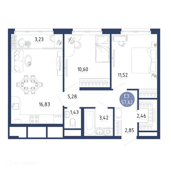 Планировка 2 комн. в ЖК Бульвар оптимистов