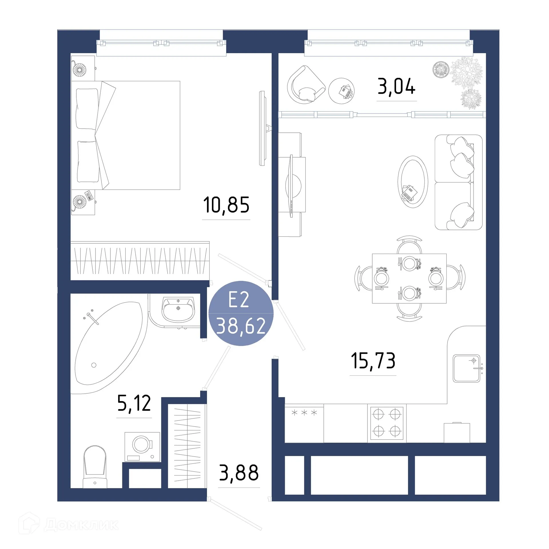 Планировка 1-комнатной квартиры 38.62 м² в ЖК Бульвар оптимистов, г. Дядьково — фото 1