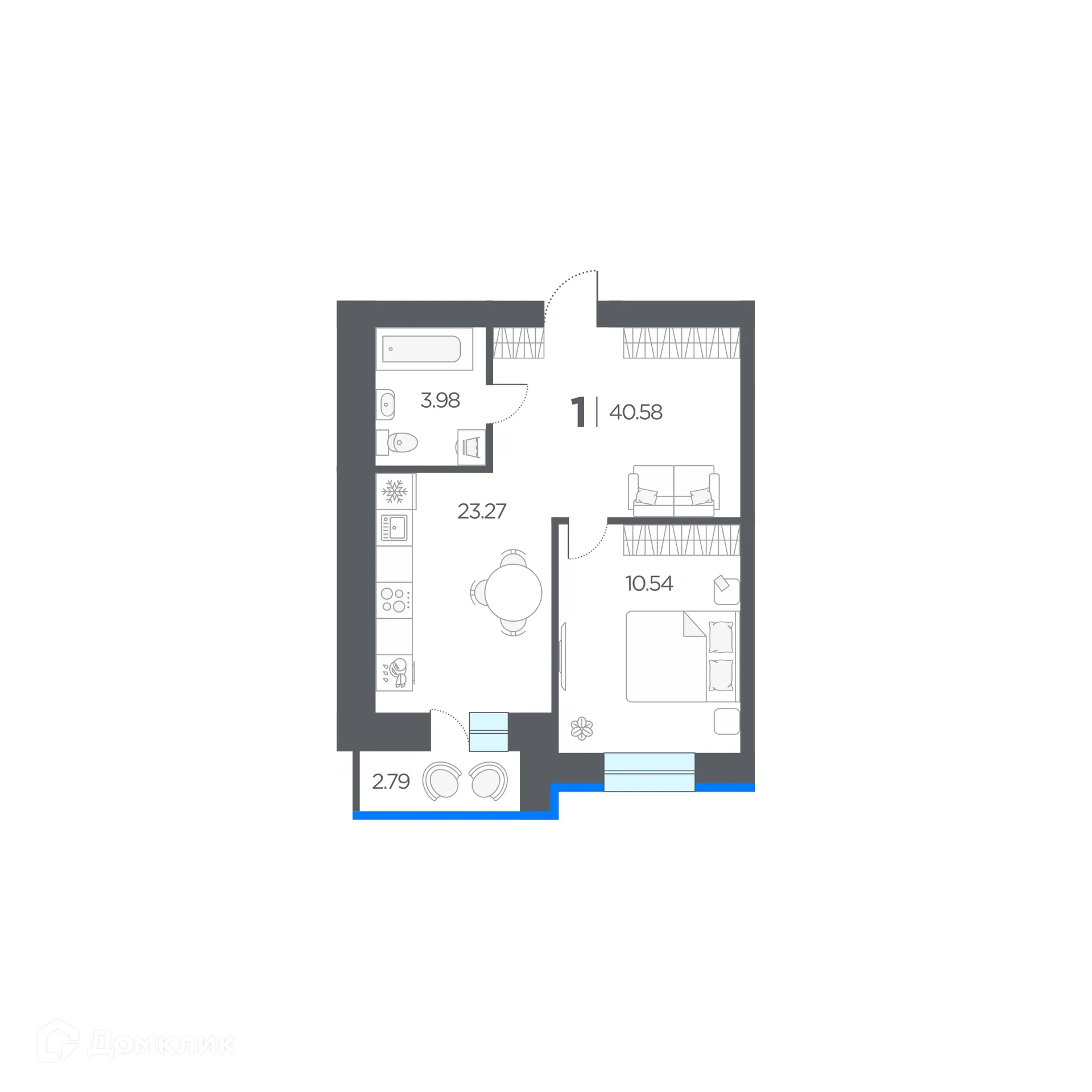 Планировка 1-комнатной квартиры 40.58 м² в ЖК ОГНИ, г. Дядьково — фото 1
