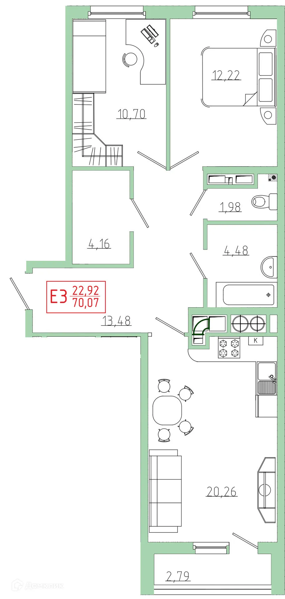 Планировка 2-комнатной квартиры 70.07 м² в ЖК Бульвар оптимистов, г. Дядьково — фото 1