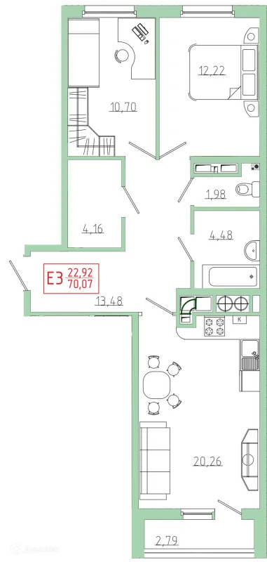 Планировка 2 комн. в ЖК Бульвар оптимистов